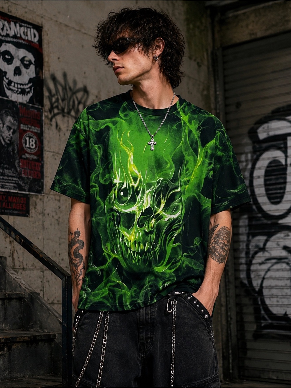 Social Media Green Flame Skull Graphic Tee Y2K Cyber Goth Grunge Size Medium